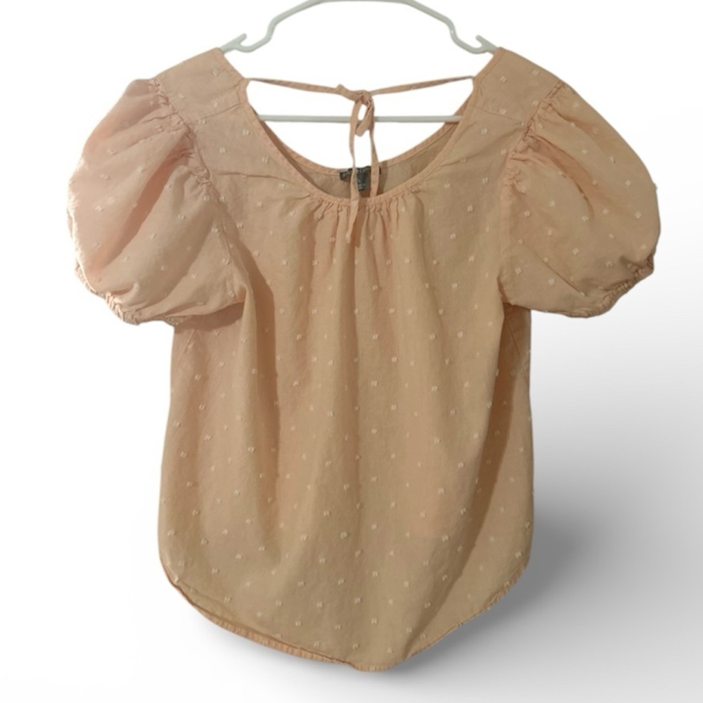 Falls Creek Peach Pink Swiss Dot Puff Sleeve Tie Front Women’s Blouse Top L - Picture 1 of 5